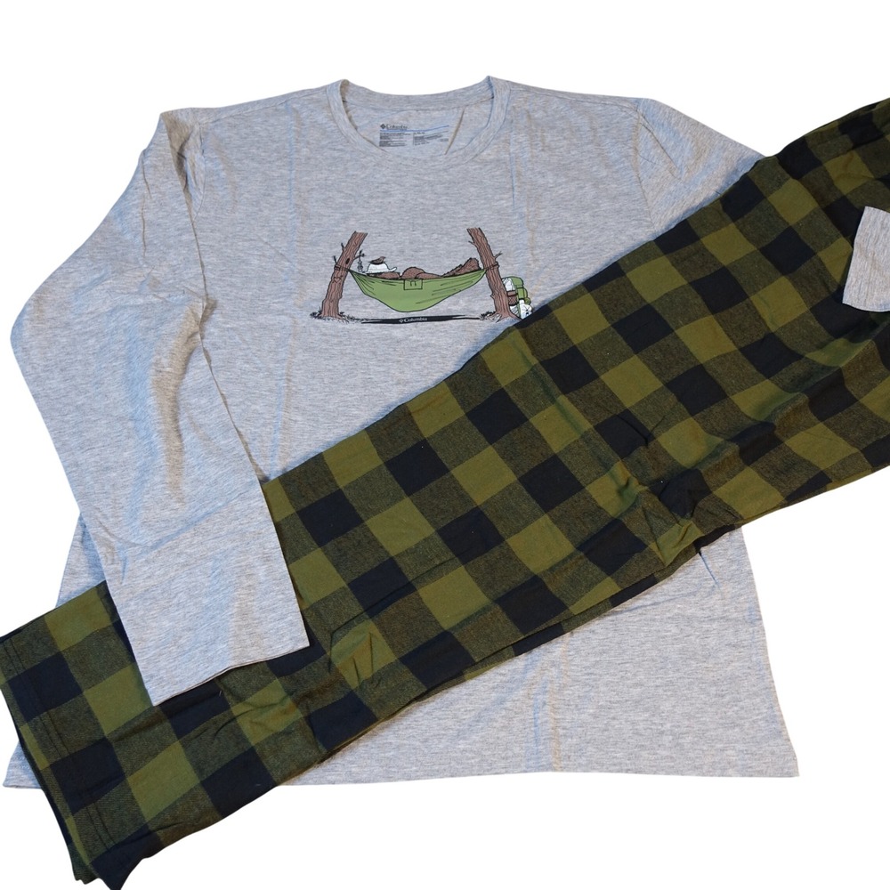 Columbia Pajama Pants Set Men Large Long Sleeve Shirt Hammock Graphic Olive